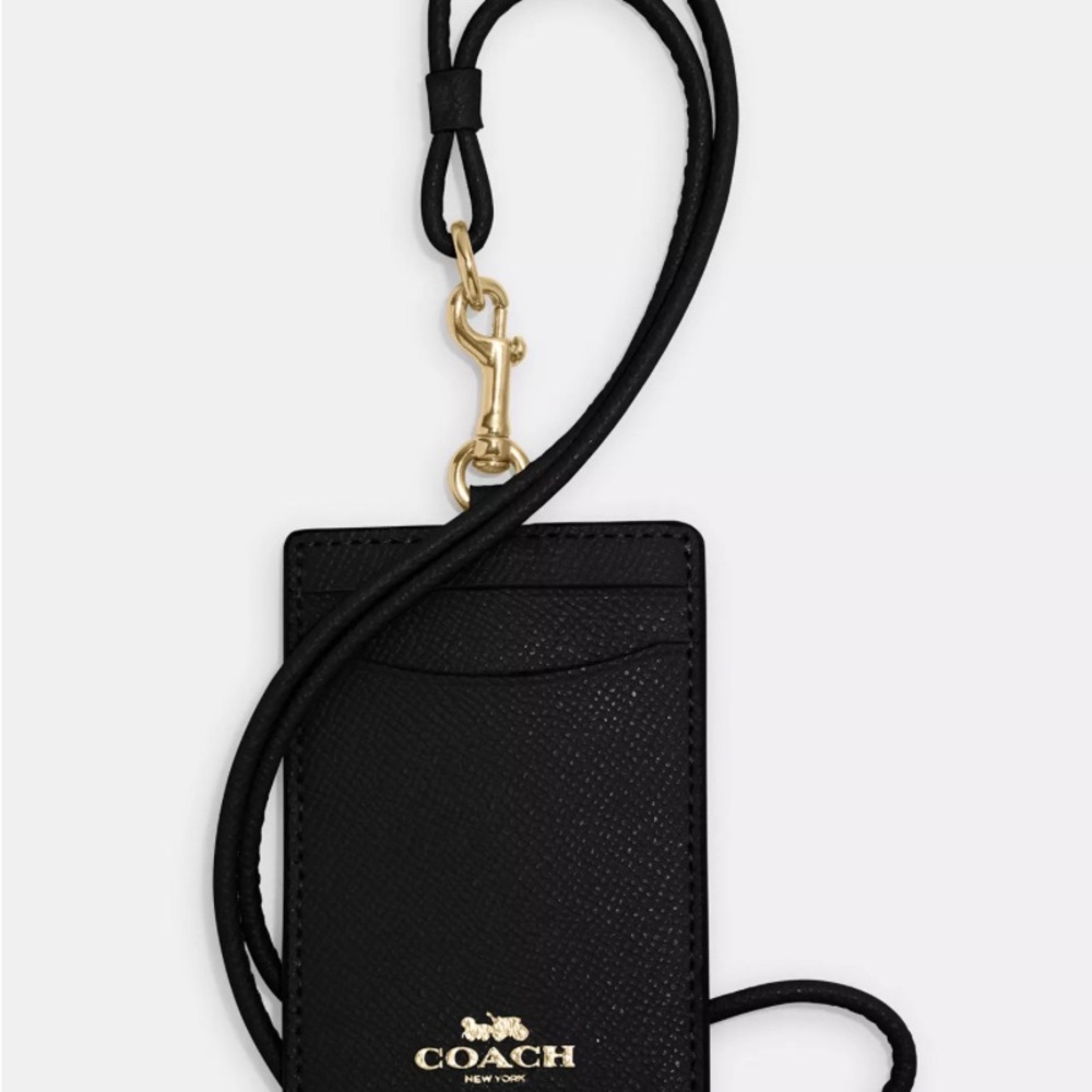 NEW - Coach Black Crossgrain Black Leather Lanyard-2 Credit Card Slots - Picture 2 of 4